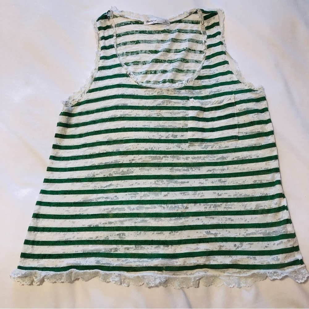 💜3 for $30 Femme Large Green/White Stripe Burnout Tank Lace Trim